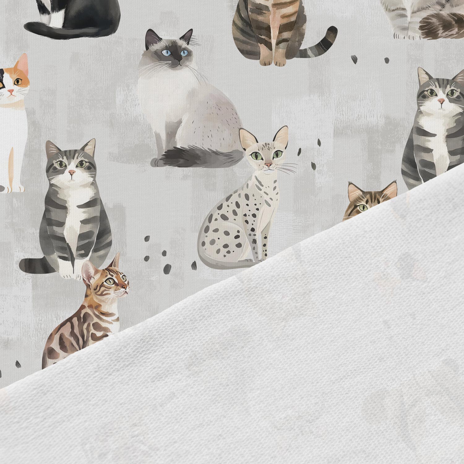 Image of a cotton loopback knit cat on a gray background – available online at Šarlotes audumi