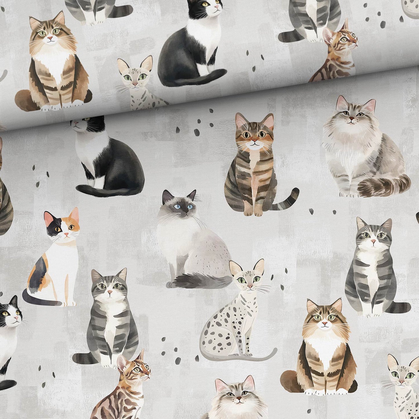 Image of cotton loop-knit cat on a gray background – available online at Šarlotes audumi