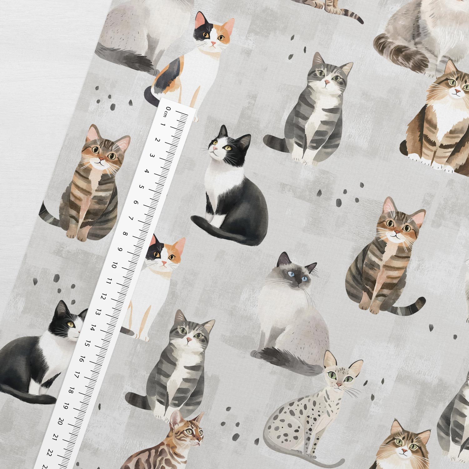 Cotton loopback knit cat on a gray background – available online at Charlotte Fabrics