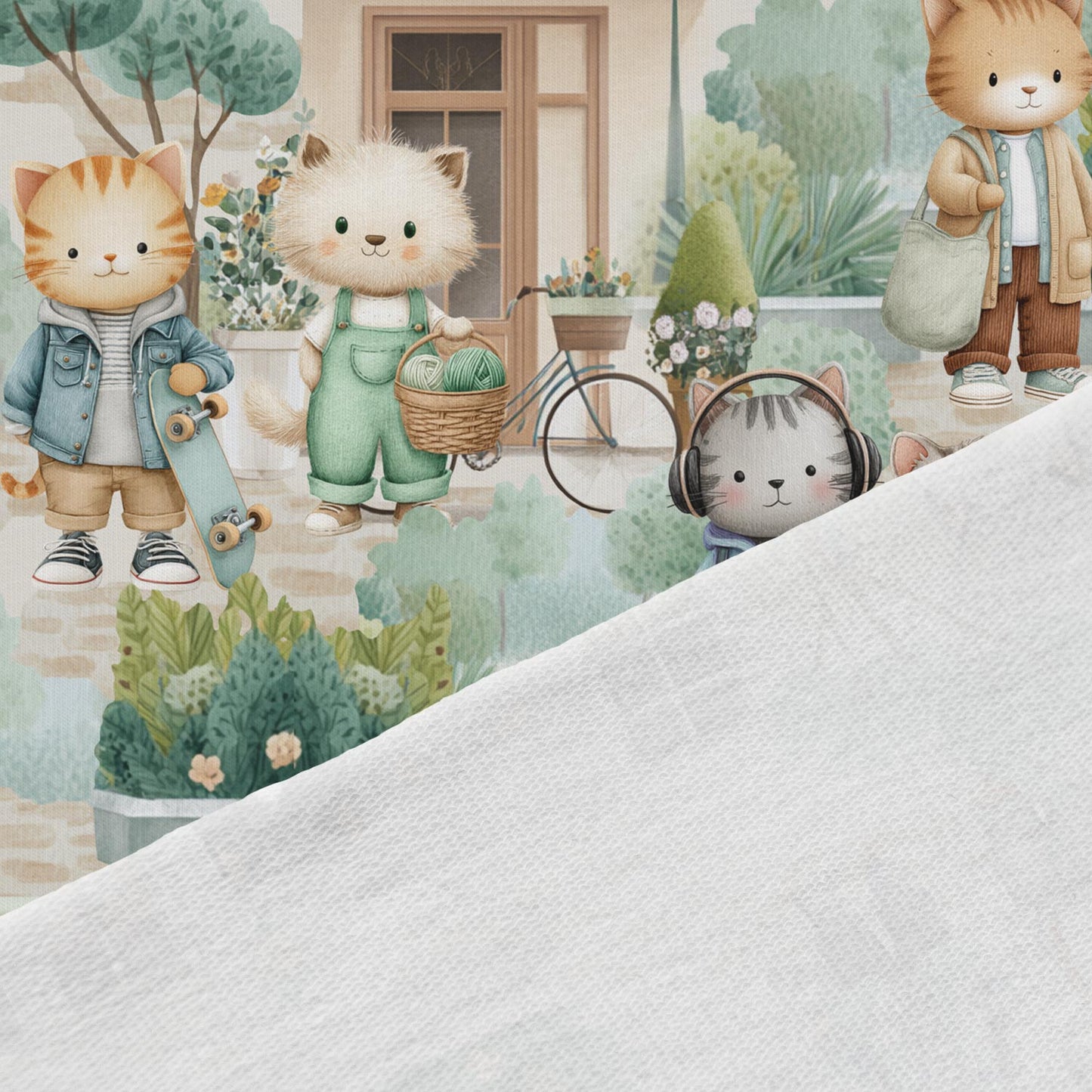 Image with cotton French terry - cat life in the city 250 g/m² – available at Šarlotes audumi