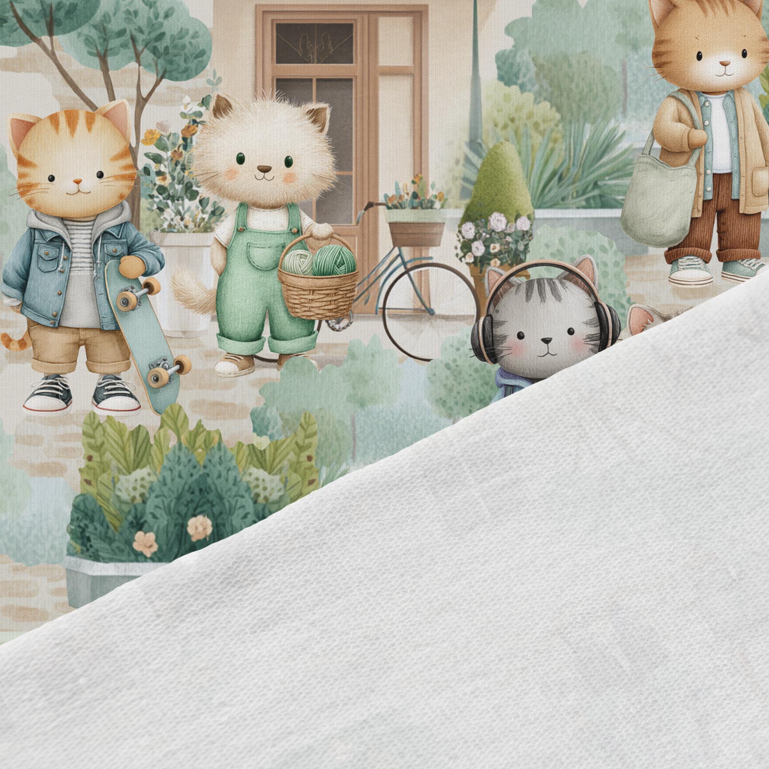 Image with cotton French terry - cat life in the city 250 g/m² – available at Šarlotes audumi