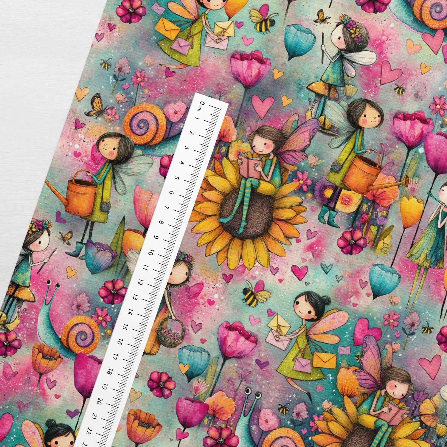 Image with cotton loopback jersey - colorful fairies 250 g/m² – available at Šarlotes audumi
