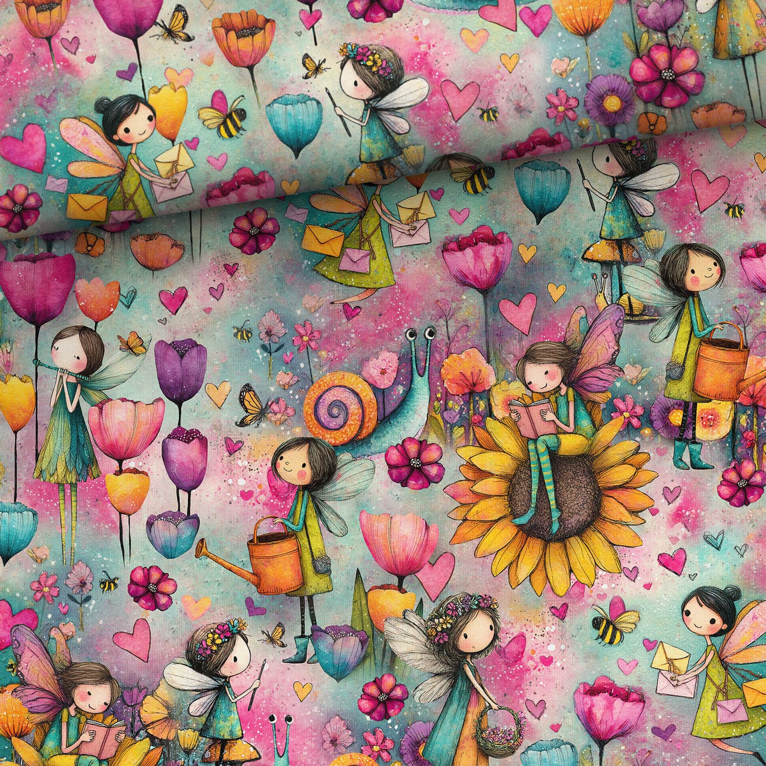 Image of cotton loopback knit - colorful fairies 250 g/m² – available at Šarlotes audumi