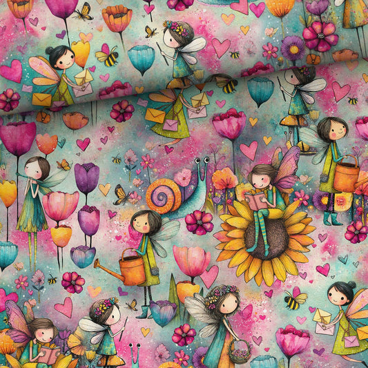 Image of cotton loopback knit - colorful fairies 250 g/m² – available at Šarlotes audumi