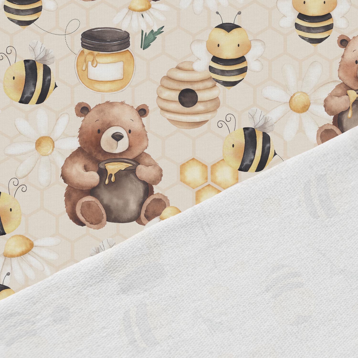 Image of cotton loop-knit bears and bees – available online at Šarlotes audumi