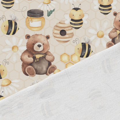 Image of cotton loop-knit bears and bees – available online at Šarlotes audumi