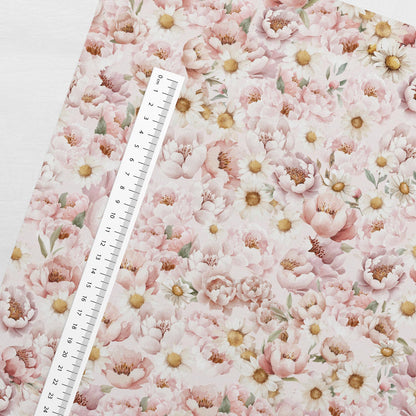 Kokvilnas cilpiņtrikotāža - margrietiņas un peonijas 250 g/m²