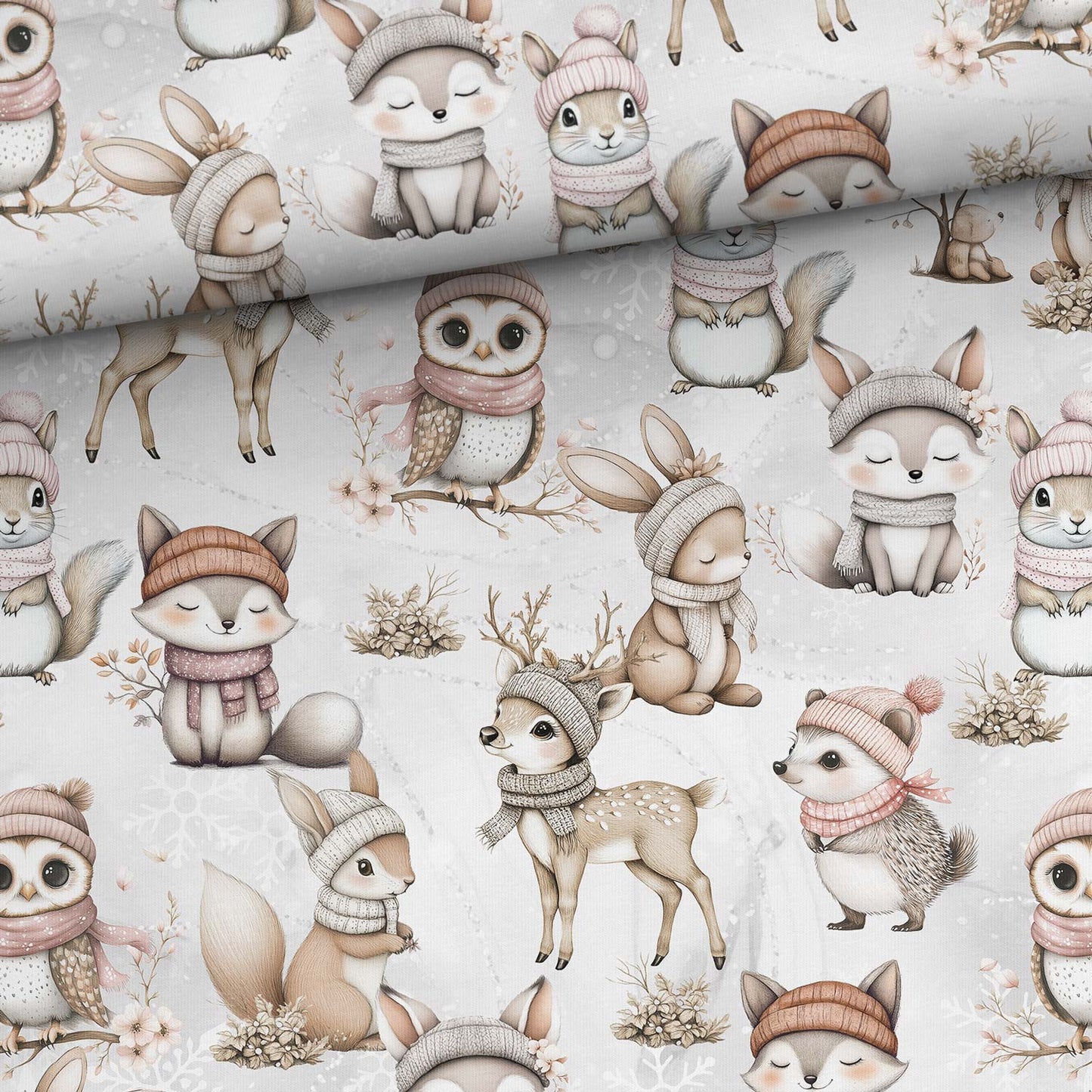 Image with cotton loopback knit - forest animals in the snow 250 g/m² – available at Šarlotes audumi