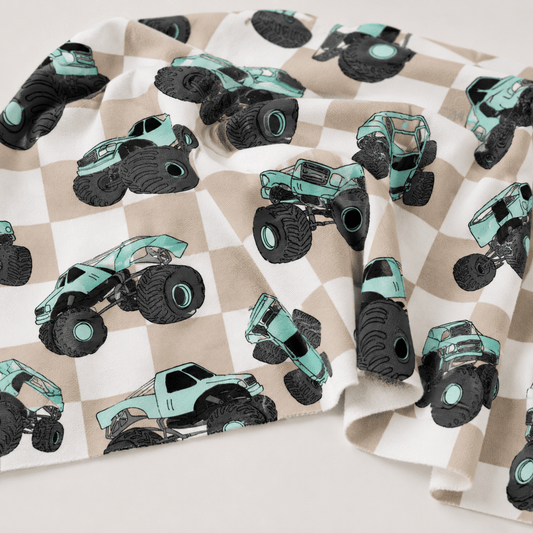 Image of cotton loopback knit - monster trucks 250 g/m² – available at Šarlotes audumi