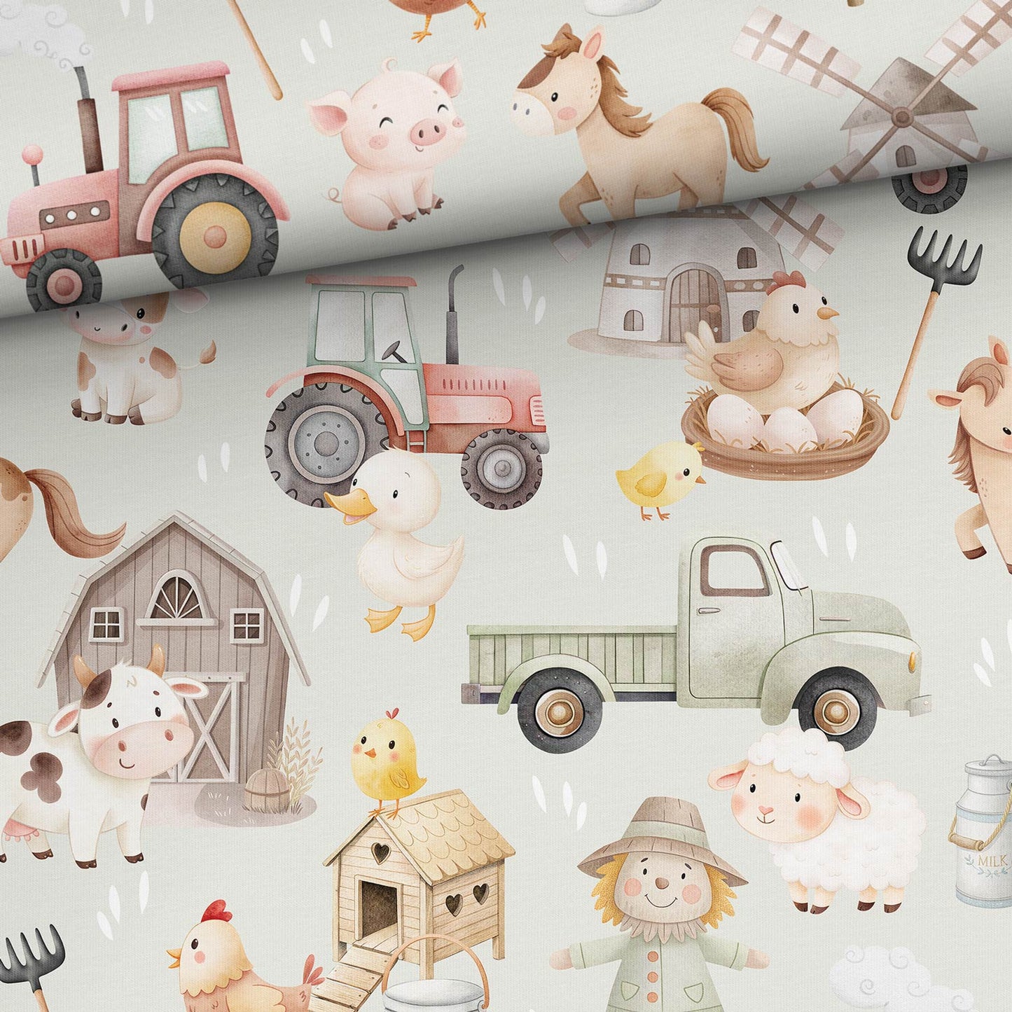 Image of cotton loopback knit - colorful farm life 250 g/m² | Design - 04 – available at Šarlotes audumi