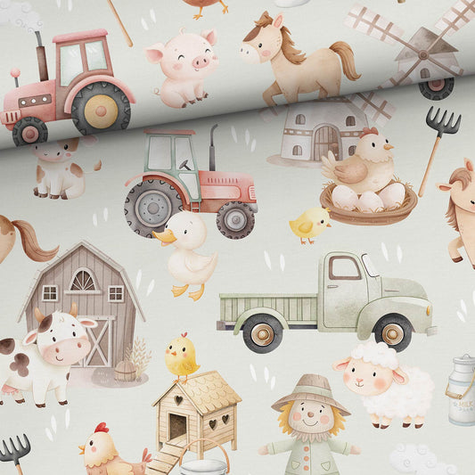 Image of cotton loopback knit - colorful farm life 250 g/m² | Design - 04 – available at Šarlotes audumi