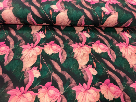 Cotton loopback knit - pink flowers with emerald green leaves 250 g/m²