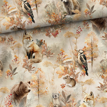Image with cotton loop-knit autumn forest magic – available online at Charlotte Fabrics
