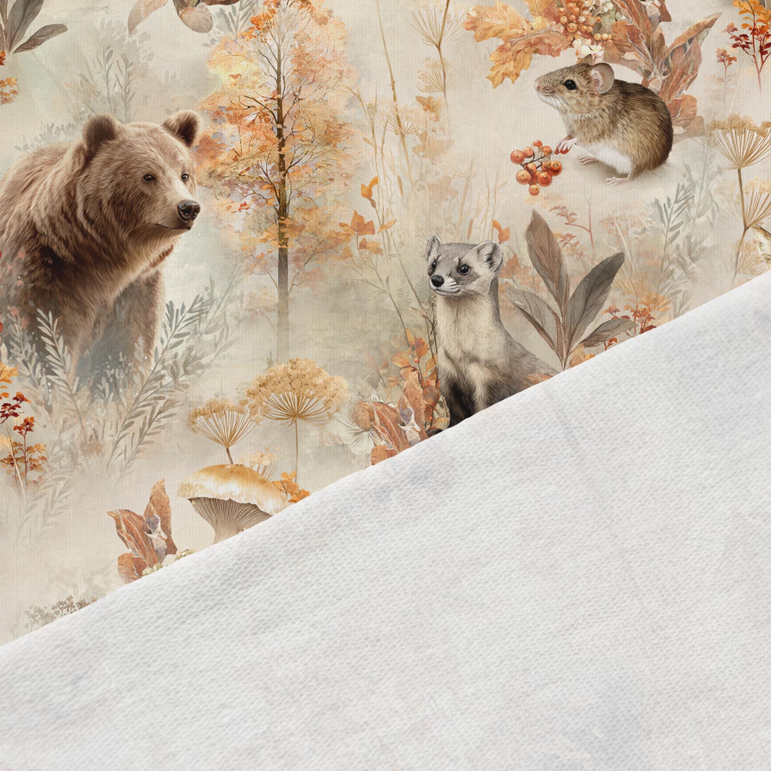 Image of cotton loop-knit fabric—autumn forest magic, available online at Šarlotes audumi