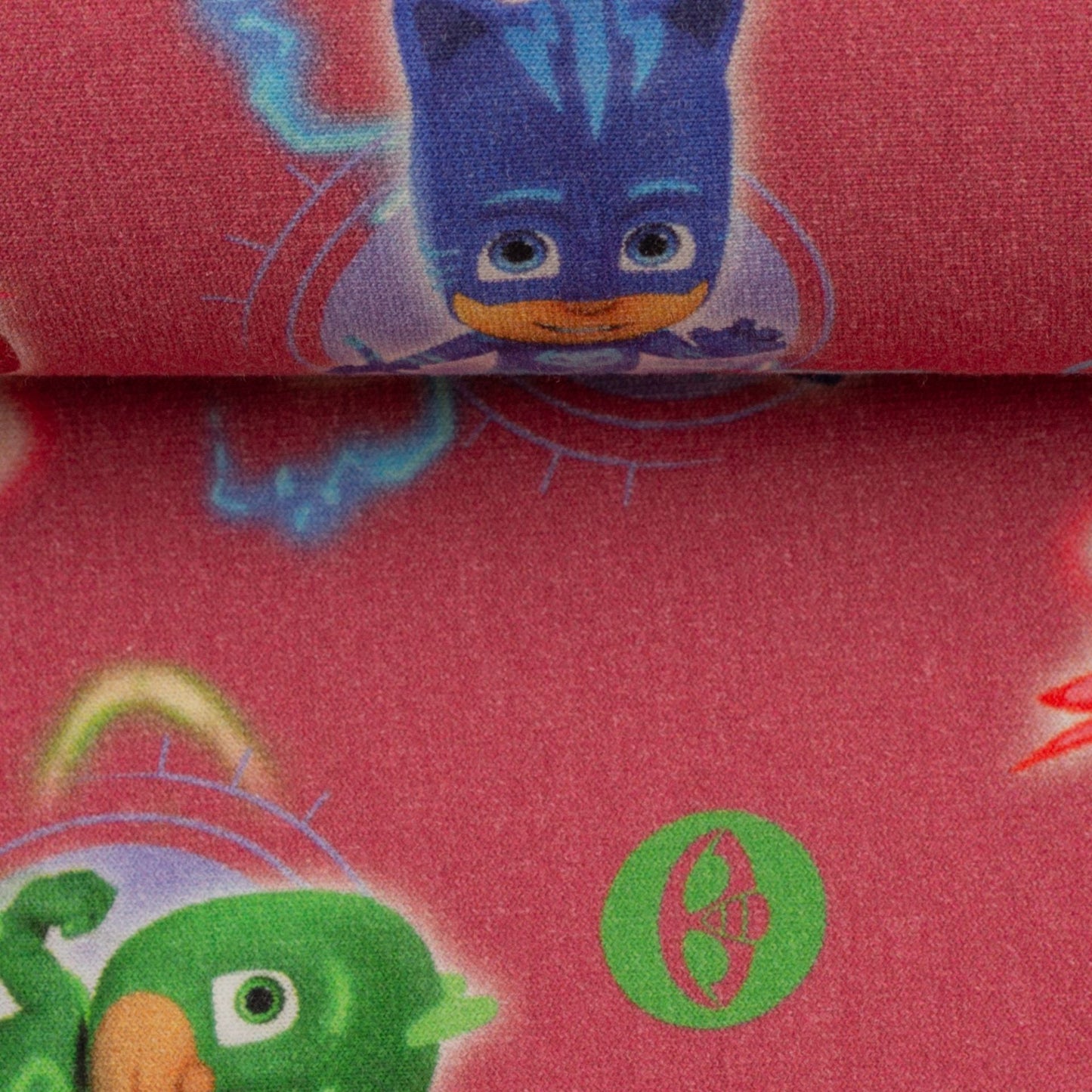 Cotton loopback jersey - superheroes Gekko, Catboy, Owlette, berry 240 g/m²