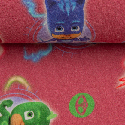 Cotton loopback jersey - superheroes Gekko, Catboy, Owlette, berry 240 g/m²