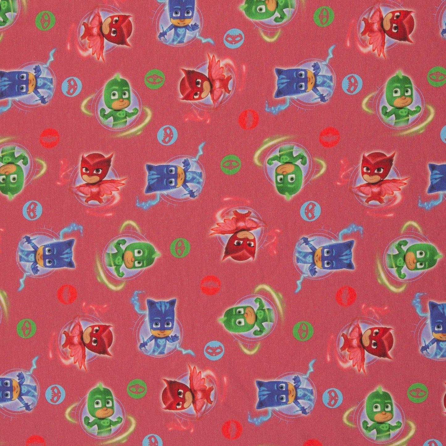 Cotton loopback knit - superheroes Gekko, Catboy, Owlette, berry 240 g/m²
