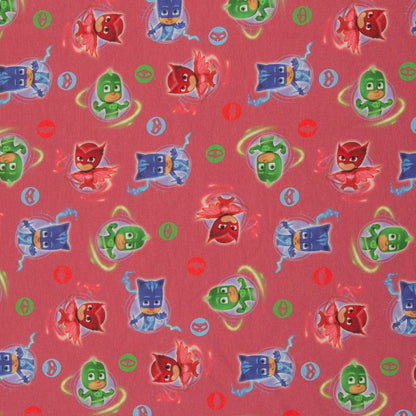 Cotton loopback knit - superheroes Gekko, Catboy, Owlette, berry 240 g/m²