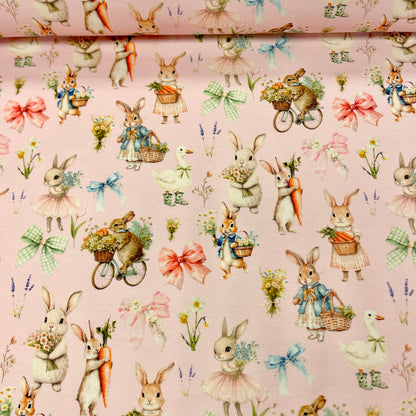 Image with cotton loopback knit - bunnies on a pink background 250 g/m² – available at Šarlotes audumi