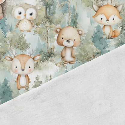 Image of cotton loopback jersey - green forest friends 250 g/m² | Design - 17 – available at Šarlotes audumi