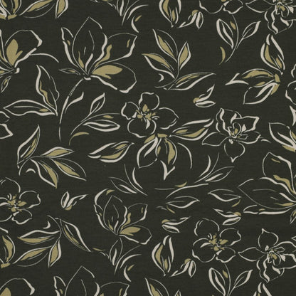 Cotton loopback knit fabric - flowers on a dark green background 225 g/m²