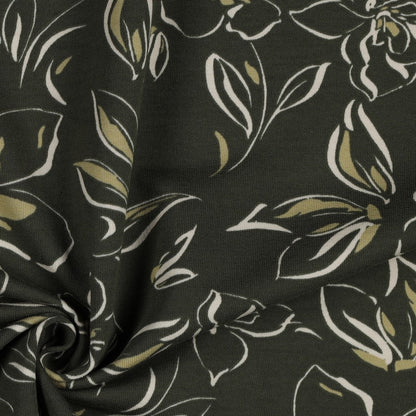 Cotton loopback knit - flowers on a dark green background 225 g/m²