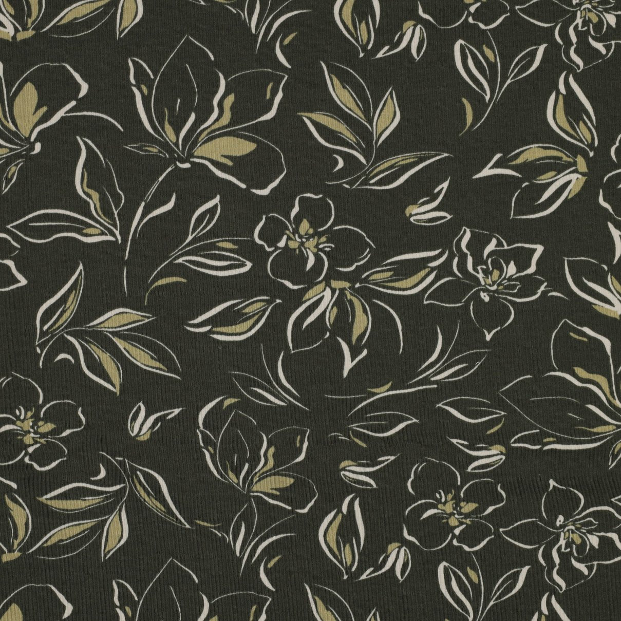 Cotton loopback knit - flowers on a dark green background 225 g/m²