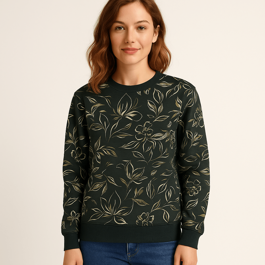 Cotton loopback knit - flowers on a dark green background 225 g/m²
