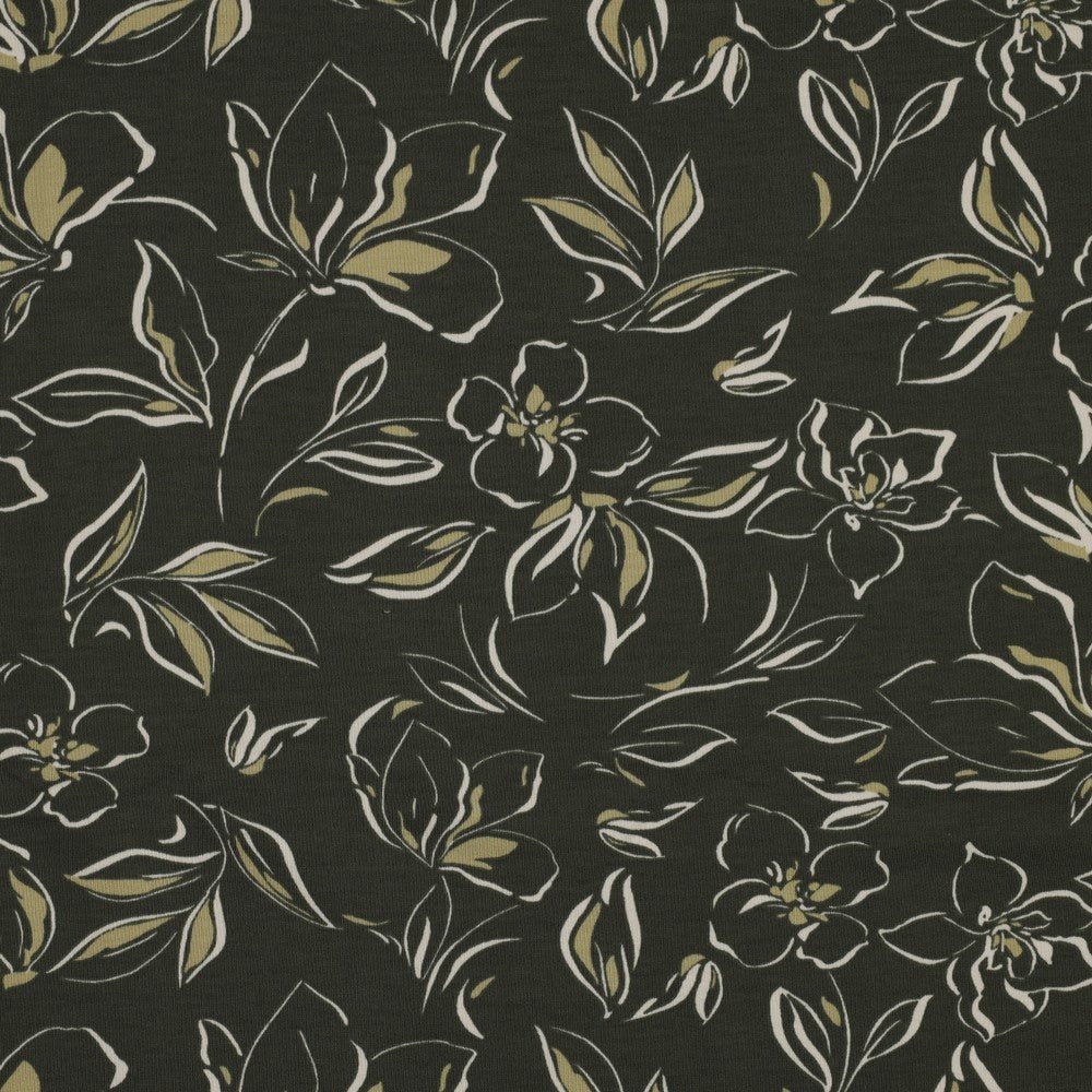 Cotton loop knit - flowers on a dark green background 225 g/m²