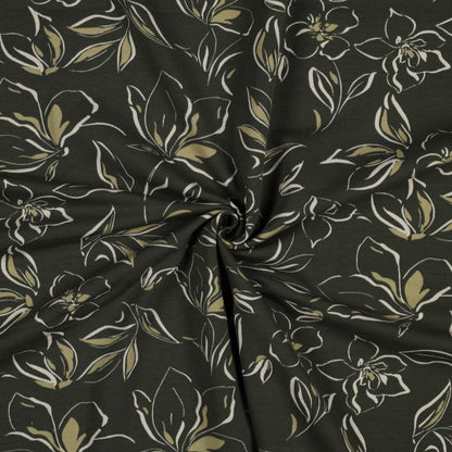 Cotton loopback knit - flowers on a dark green background 225 g/m²