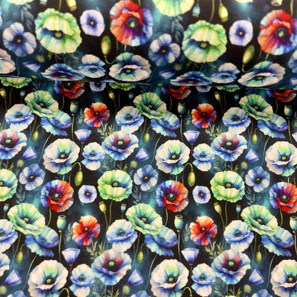 Cotton loopback fabric - blue poppies 260 g/m²