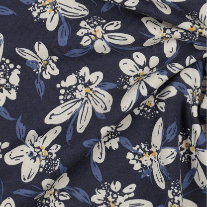 Cotton loopback knit - blue floral motif 225 g/m²