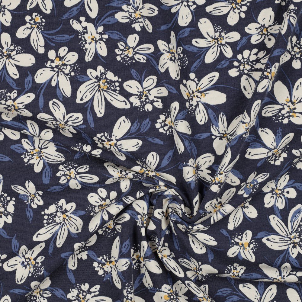 Cotton loopback knit - blue floral motif 225 g/m²
