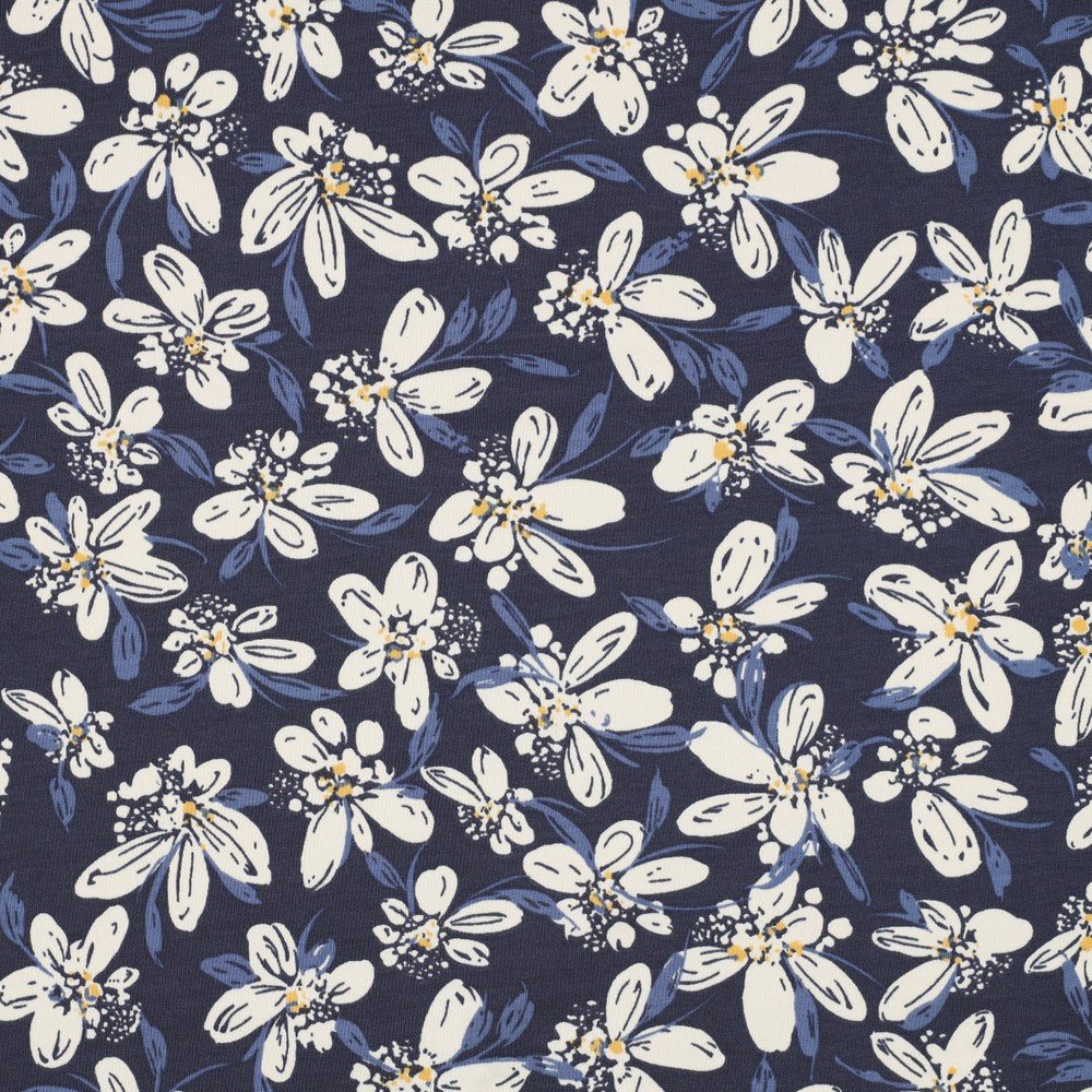 Cotton loopback knit - blue floral pattern 225 g/m²
