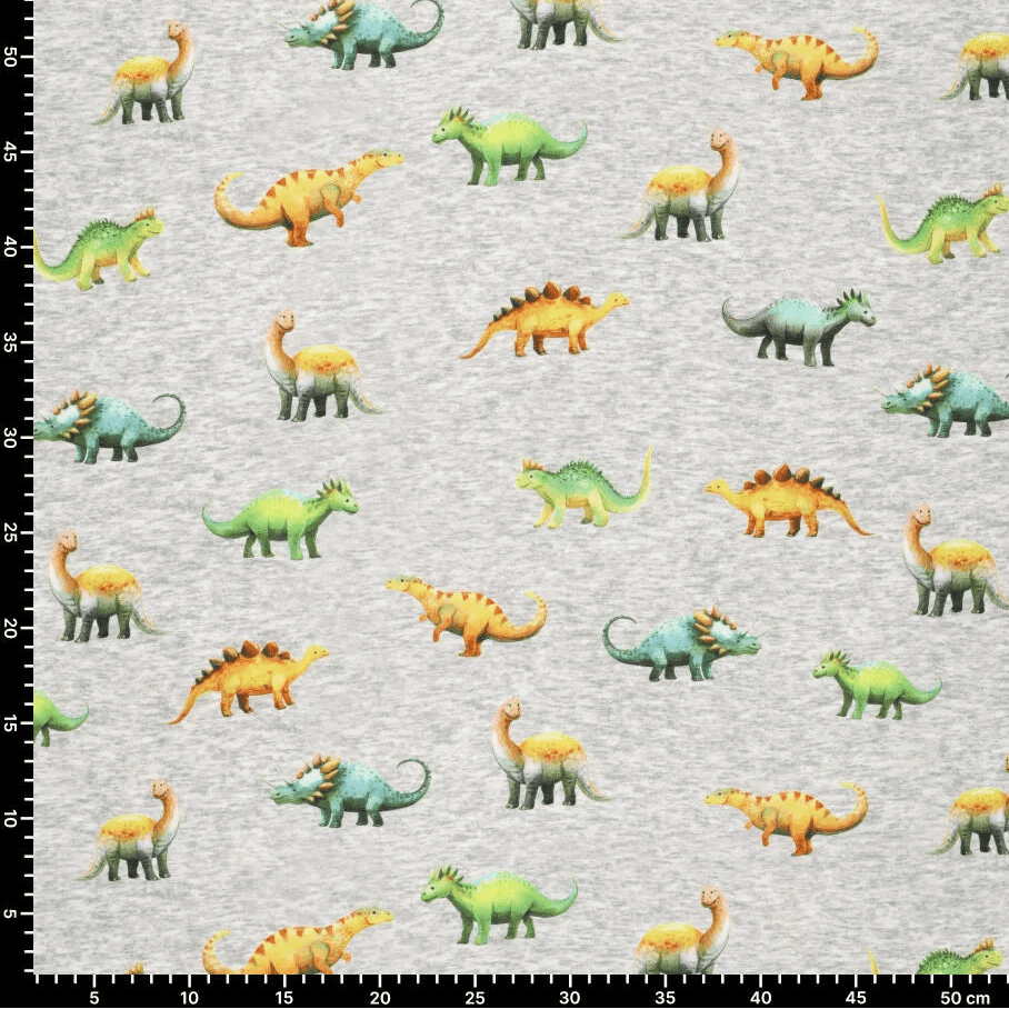 Zdjęcie z bawełnianej ocieplanej dzianiny | Alpen fleece-dinozaury na szarym – dostępny online Šarlotes audumi