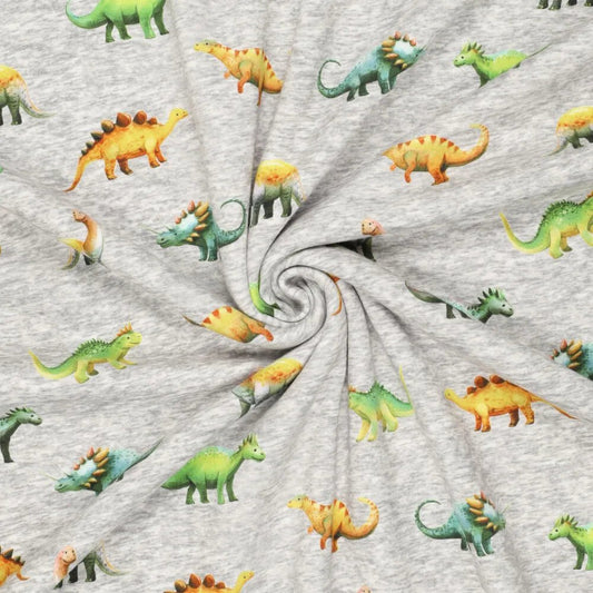 Zdjęcie z bawełnianej ocieplanej dzianiny | Alpen fleece-dinozaury na szarym – dostępny online Šarlotes audumi
