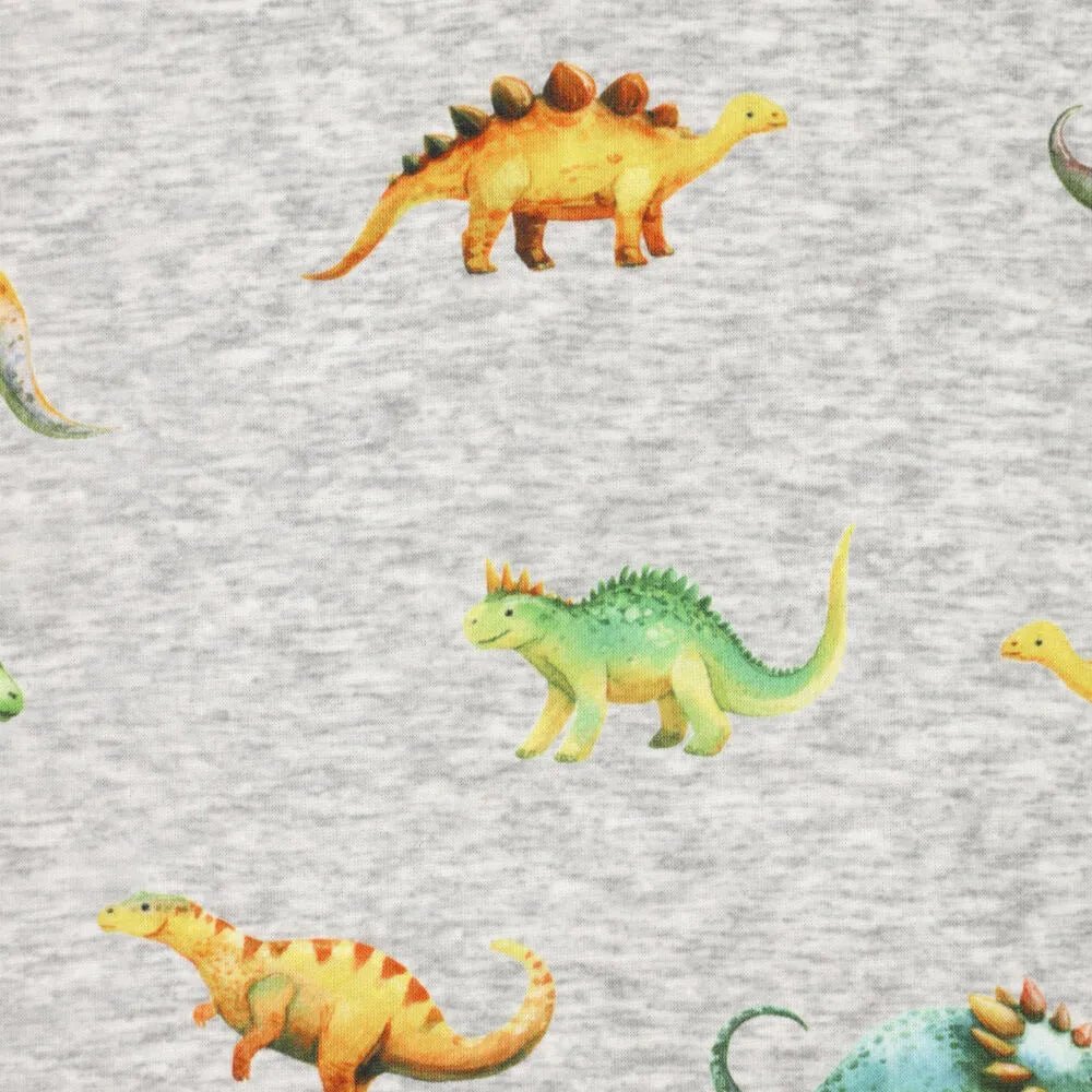 Zdjęcie z bawełnianej ocieplanej dzianiny | Alpen fleece-dinozaury na szarym – dostępny online Šarlotes audumi