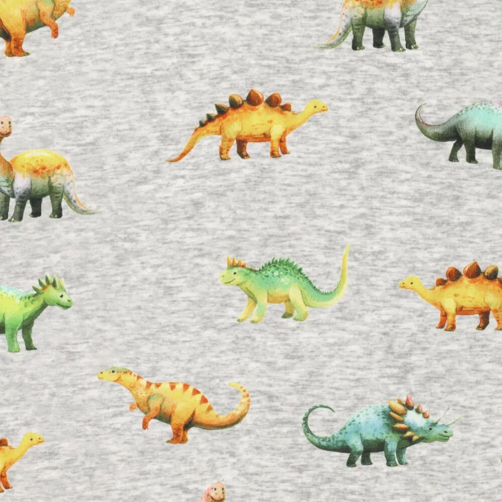 Zdjęcie z bawełnianej ocieplanej dzianiny | Alpen fleece-dinozaury na szarym – dostępny online Šarlotes audumi