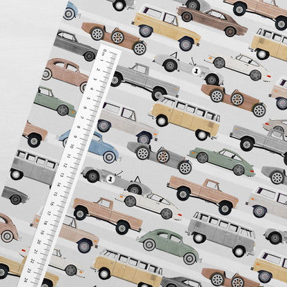 Image with cotton knit - car in light gray tones 200 g/m² – available at Šarlotes audumi