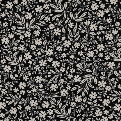 Image with cotton knit fabric - white flowers on black 200 g/m² – available at Šarlotes audumi