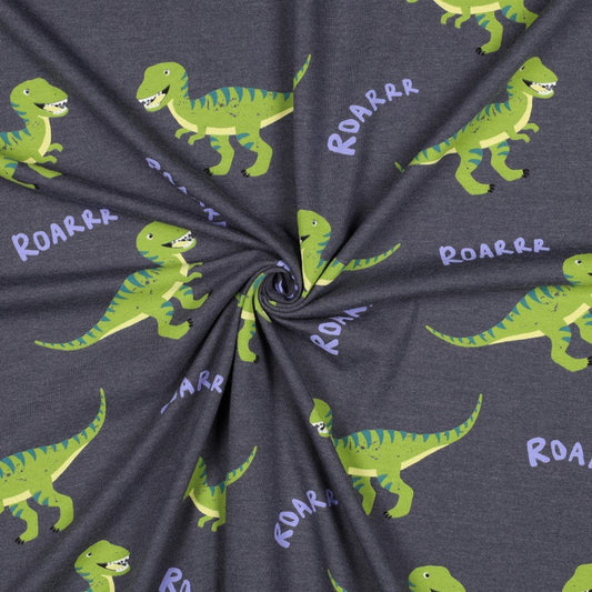 Cotton knit fabric - dinosaurs on grey melange 200 g/m²