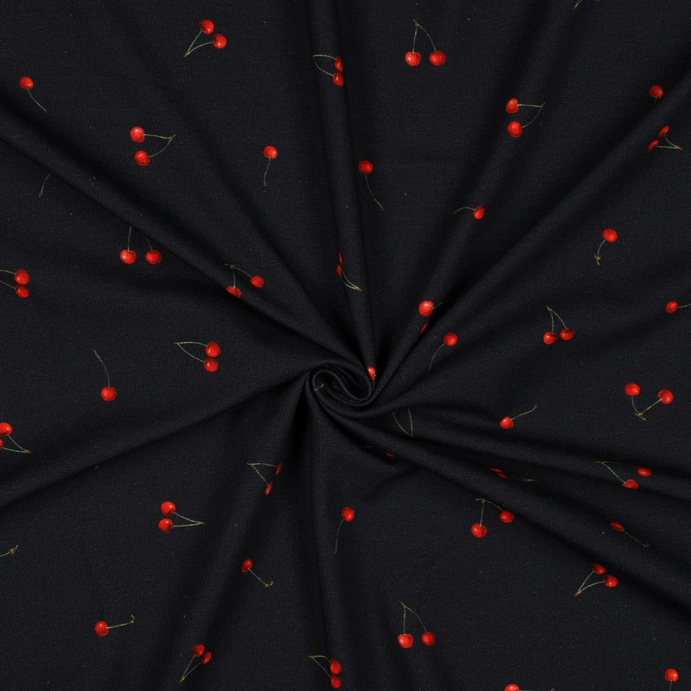 Image with Cotton jersey - cherries on dark blue 200 g/m² – available at Charlotte’s fabrics