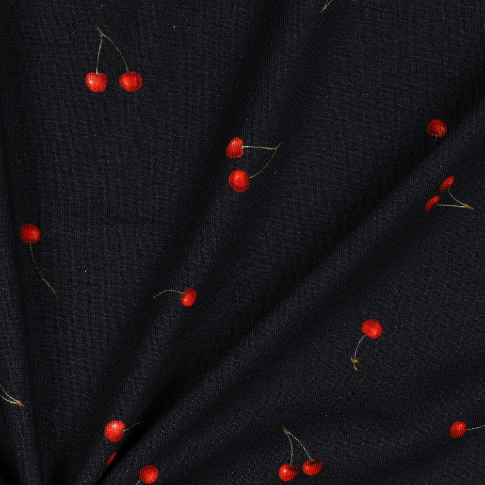 Image of cotton jersey - cherries on dark blue 200 g/m² – available at Charlotte's Fabrics