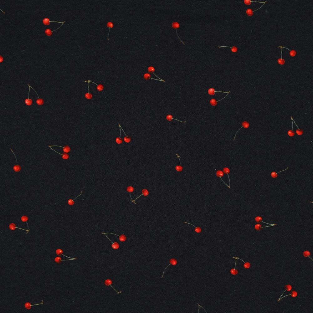 Image with cotton jersey - cherries on dark blue 200 g/m² – available at Šarlotes audumi