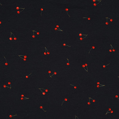 Image with cotton jersey - cherries on dark blue 200 g/m² – available at Šarlotes audumi