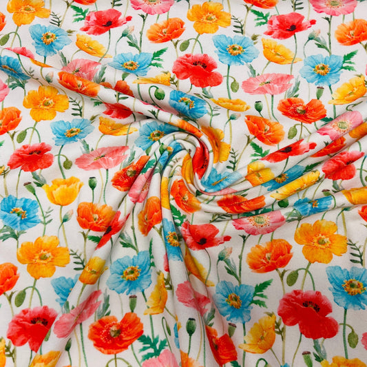 Cotton jersey - colorful poppies on a white background 250 g/m²