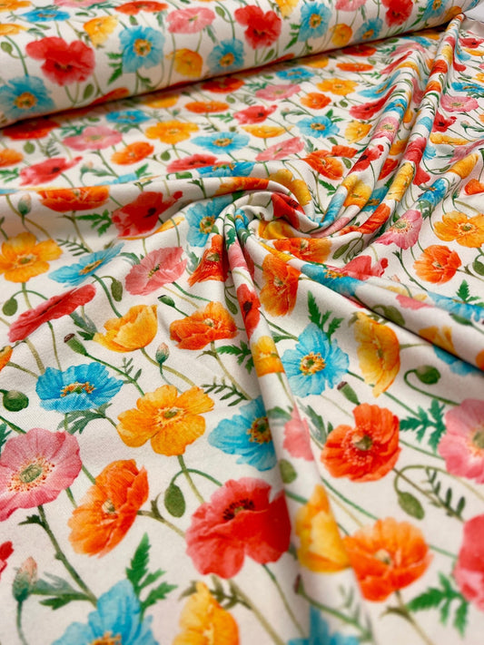 Cotton knit fabric - colorful poppies on a white background 250 g/m²