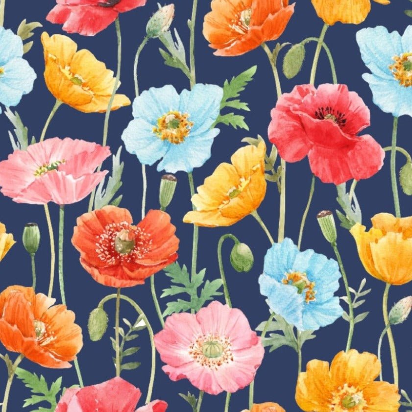 Cotton knit fabric - colorful poppies on a dark blue background 250 g/m²