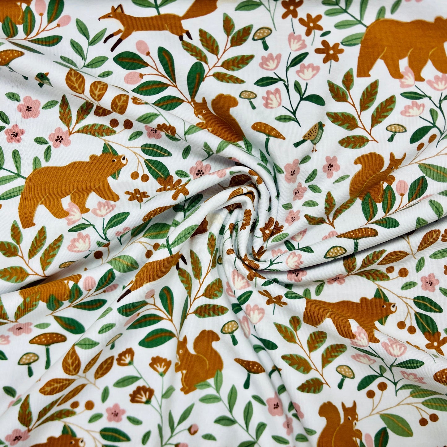Cotton jersey - forest animals in leaves 200 g/m²