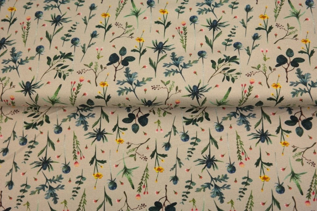 Cotton jersey - meadow on a beige background 210 g/m²